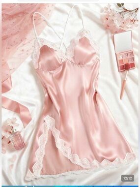 SHEIN Pink Satin Lace-Trim Slip/ Nightgown